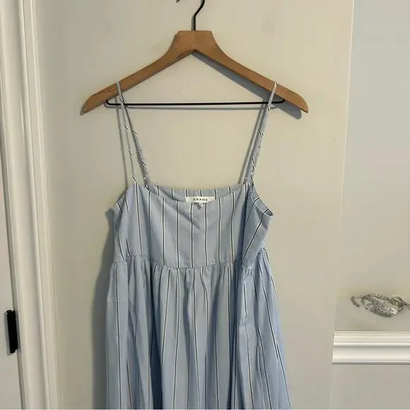 Frame Blue Striped Cotton Hemp Asymmetric Maxi Dress Small - Picture 13 of 13